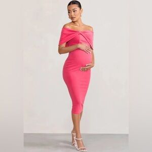 CLUB L LONDON Alyssa  Bardot Bow Maternity Midi Dress with Ruching (102)